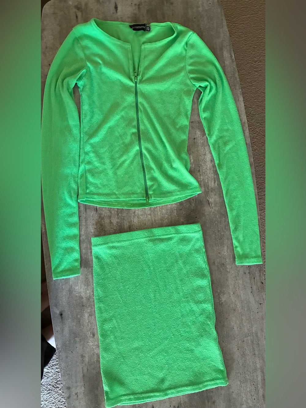 PrettyLittleThing Neon Green Ribbed Zip-Up Top & skirt set